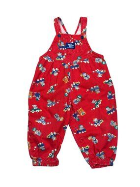 90s Vintage Osh Kosh B Gosh Baby Boys Red Overalls 24M Construction Bears Print